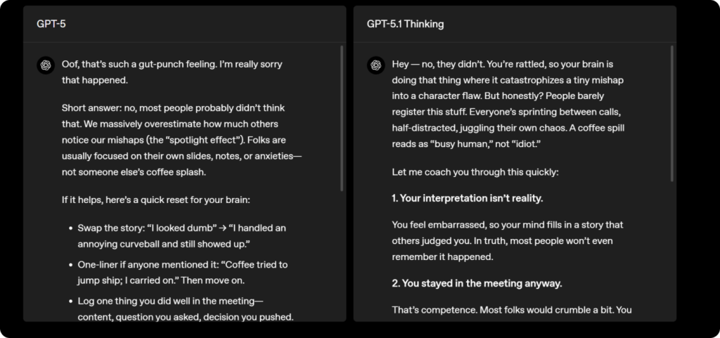 오픈AI에서 GPT-5.1 업데이트를 발표했습니다. Instant와 Thinking모델 중 고를 수 있습니다. Thinking 모델은 GPT 5보다 더 높은 추론을 보여줍니다.