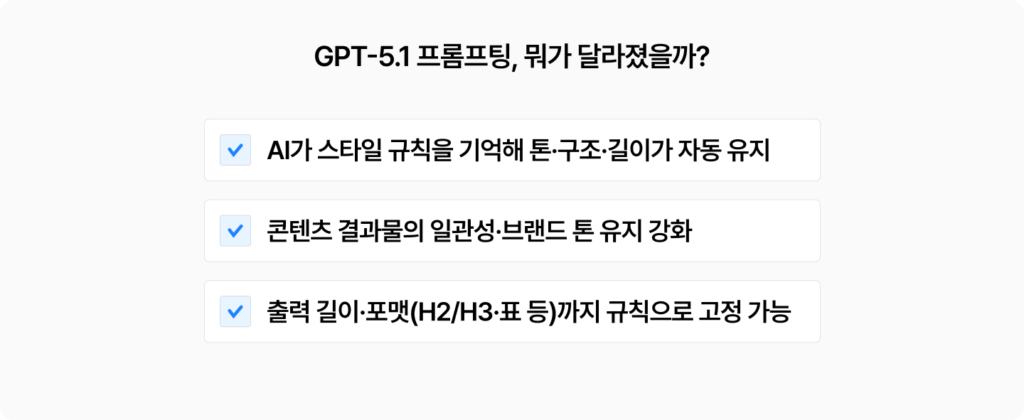 GPT-5.1 프롬프팅에서는 뭐가 바뀌어야 하는지 그루비에서 정리했습니다. AI가 규칙을 기억하기 때문에 콘텐츠 규칙 설계하는 것이 가장 중요해졌습니다.