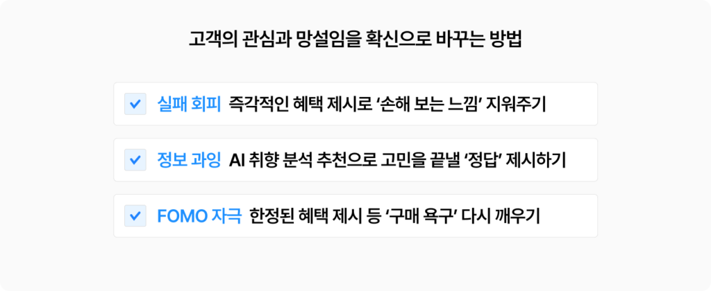 Z세대의 폴더소비를 구매로 전환하기 위해서는 실패회피, 정보과잉, FOMO 포모 심리를 자극하는 방안을 고민해야 합니다.