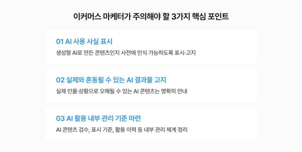 AI 기본법에 따른 이커머스 마케터가 주의해야 할 3가지 핵심 포인트를 정리한 이미지. AI 사용 사실 표시, 실제와 혼동될 수 있는 AI 결과물에 대한 고지, AI 콘텐츠 검수와 표시 기준 등 내부 관리 체계 마련을 설명하고 있다.