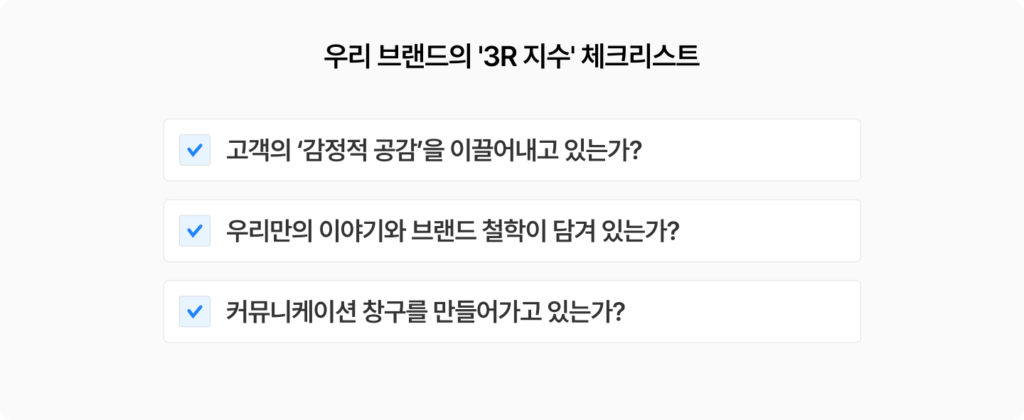 우리 브랜드의 3R 지수 체크하는 방법, 공감, 진정성, 관계에 맞춰서 확인해보기