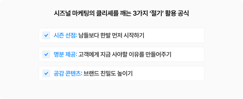 시즈널 마케팅 클리셰를 깨는 절기 활용 공식 3가지, 시즌 선점, 명분 제공, 공감 콘텐츠 만들기