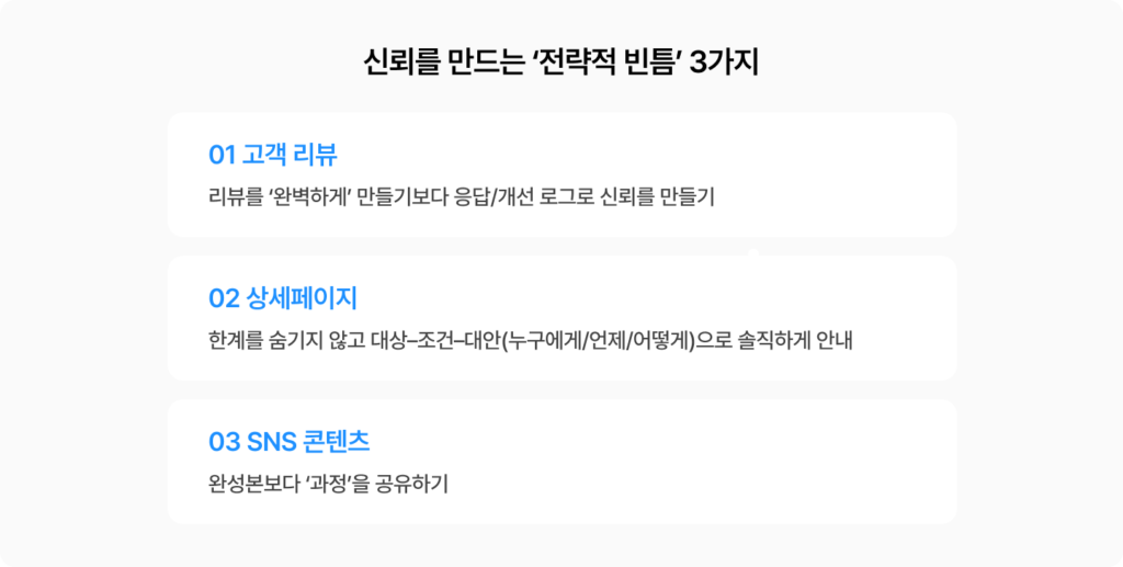 플로섬 마케[팅을 진행하는 방법, 고객 리뷰를 솔직하게, 상세페이지에 결점까지 안내, SNS 콘텐츠에 과정 공유