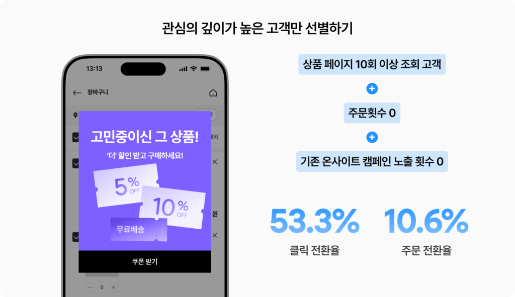 상품 페이지 10회 이상 조회한 미구매 고객만 타겟팅해 클릭 전환율 53.3%, 주문 전환율 10.6%를 기록한 온사이트 캠페인 사례 이미지