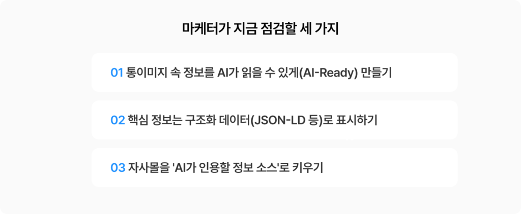 마케터가 지금 점검할 세 가지 체크리스트. ① 통이미지 속 정보를 AI가 읽을 수 있게(AI-Ready) 만들기 ② 핵심 정보는 구조화 데이터(JSON-LD 등)로 표시하기 ③ 자사몰을 AI가 인용할 정보 소스로 키우기. AI 검색과 에이전틱 커머스 시대를 대비한 자사몰 최적화 전략