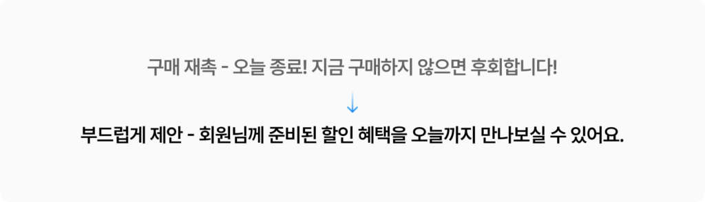 브랜드 톤앤매너 가이드에 따라 과도한 긴급성 문구를 고객 혜택을 안내하는 부드러운 제안형 표현으로 바꾼 예시.